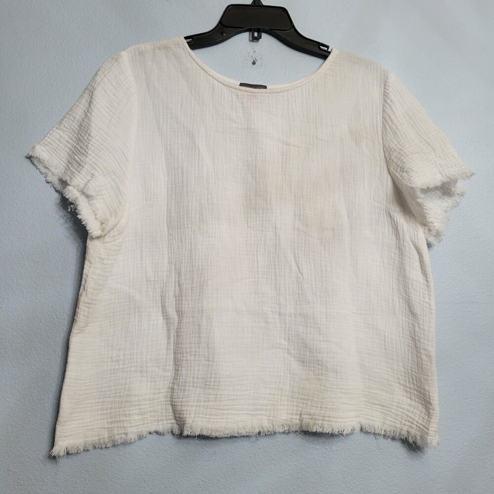 Vince Camuto White Gauze Top LG Raw Frayed Hem Boho Boxy Coastal Grandma Shabby